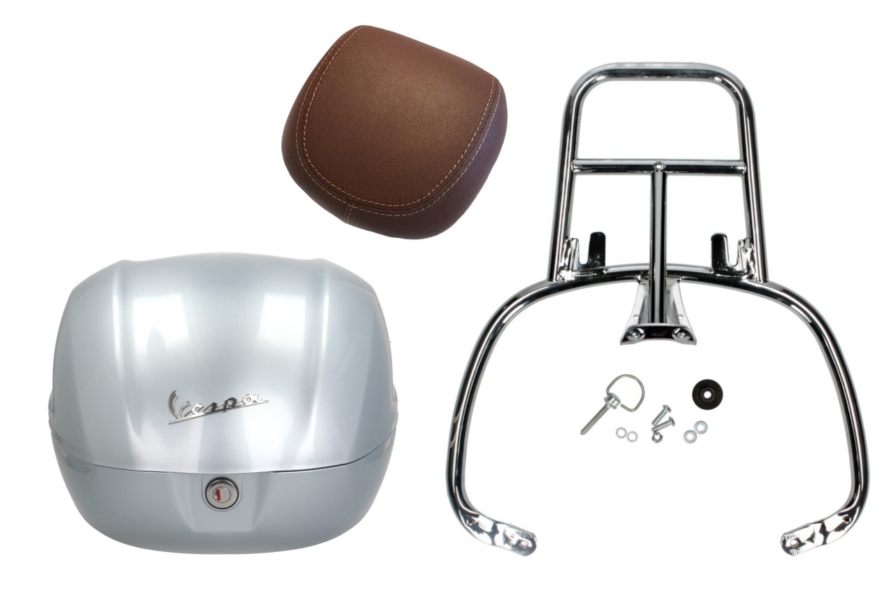 Topcase Kit 32L metallic grijs lucido, rugkussen donkerbruin, bagagerek chroom voor Primavera