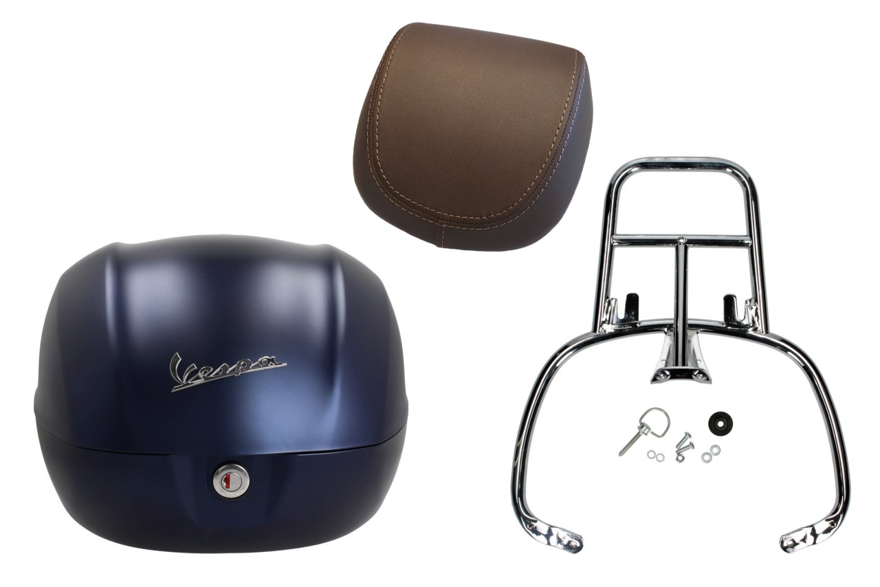 Topkofferset 32L diepblauw mat opaco (288/A), bruin rugkussen voor Vespa Primavera