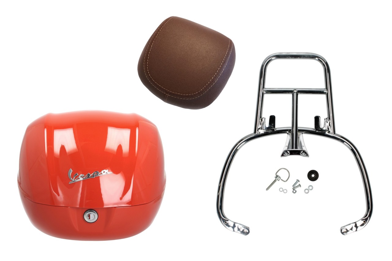 Topcase Kit 32L oranje impulsivo (A11), rugkussen donkerbruin, bagagerek chroom voor Primavera