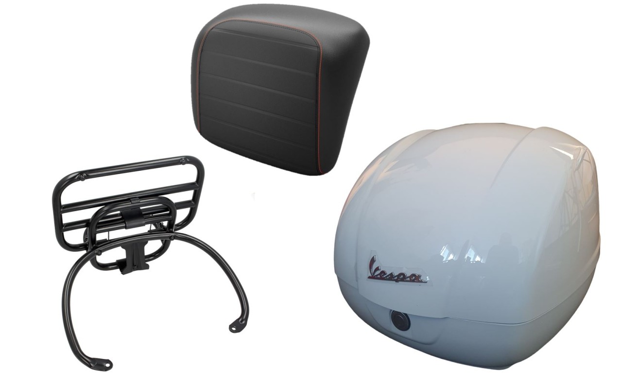 Topkofferset 36L wit, bagagerek zwart, rugkussen zwart met oranje stiksels voor Vespa GTS