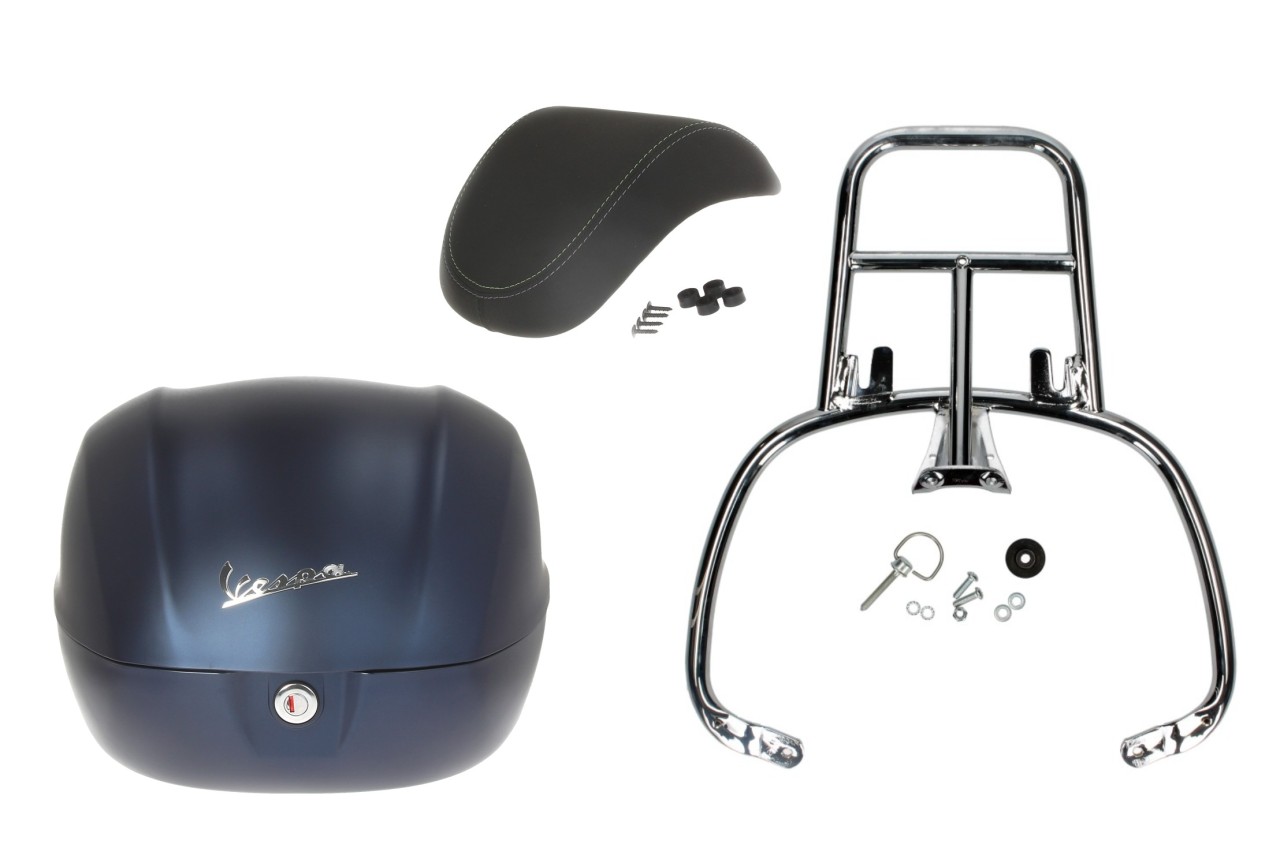 Topkofferset 32L diepblauw mat opaco (288/A), rugkussen zwart voor Vespa Primavera