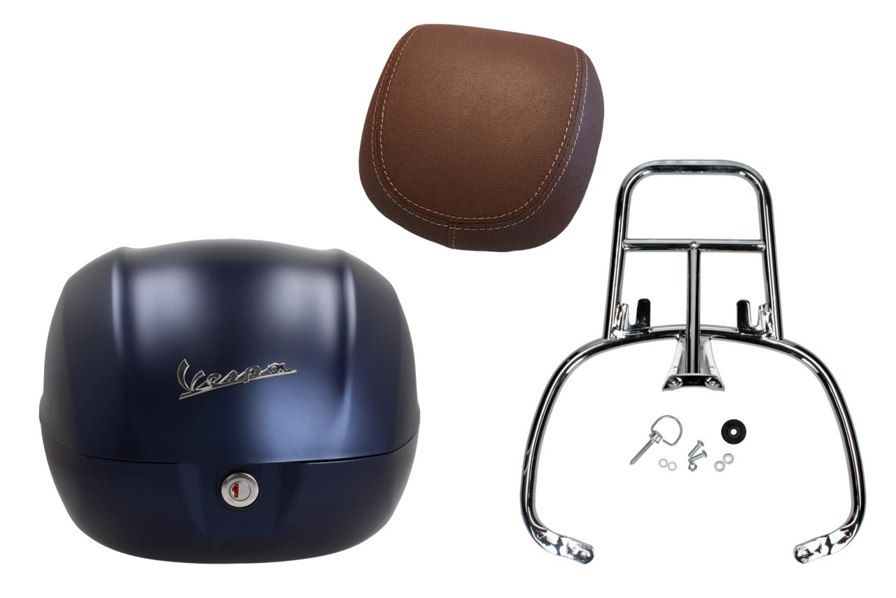 Topcase Kit 32L diepblauw mat opaco (288/A), rugkussen donkerbruin voor Vespa Primavera