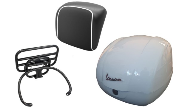 Topkofferset 36L wit (B04), bagagerek zwart, rugkussen zwart, bies wit voor Vespa GTS