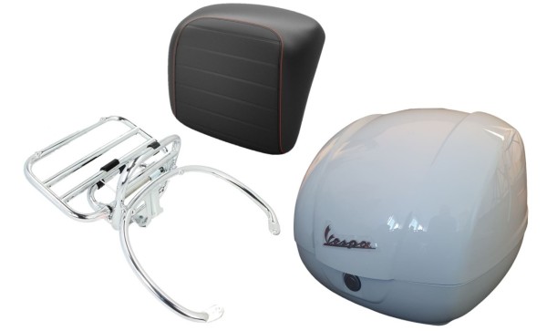 Topkofferset 36L wit, bagagerek chroom, rugkussen zwart met oranje stiksels voor Vespa GTS