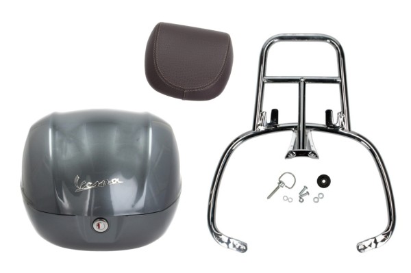 Topcase-kit 32L titaangrijs (G03), rugkussen bruin, bagagerek chroom voor Primavera