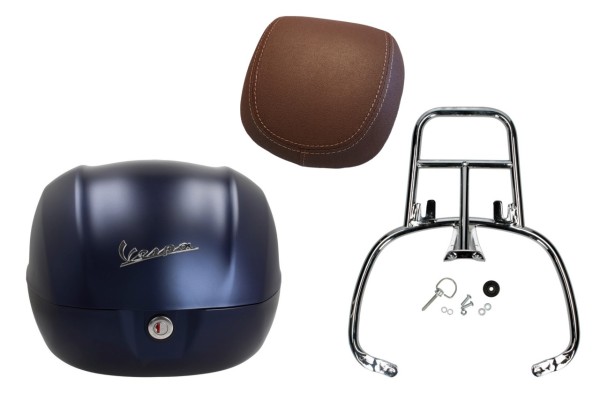 Topcase Kit 32L diepblauw mat opaco (288/A), rugkussen donkerbruin voor Vespa Primavera